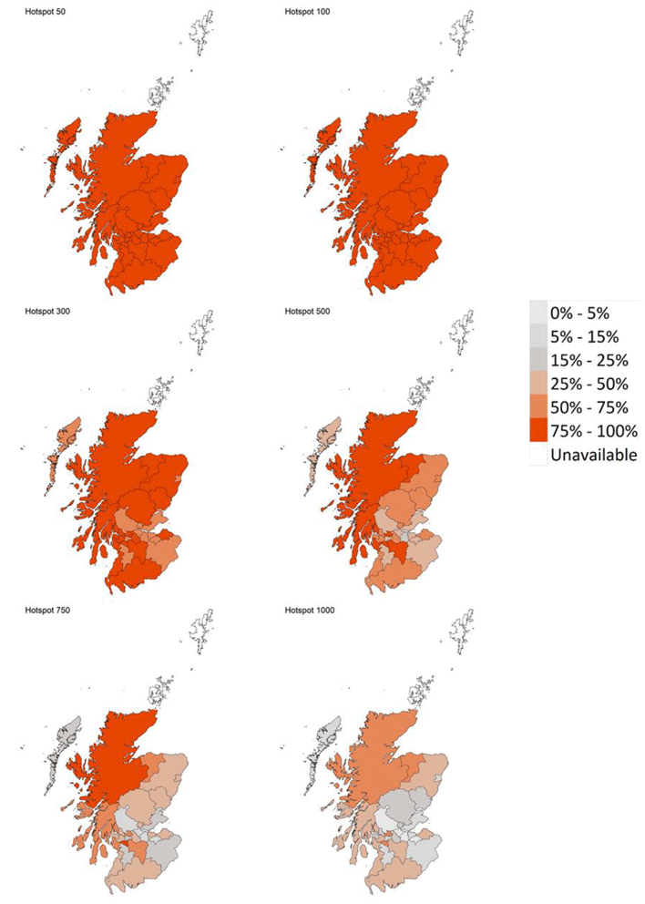 A series of maps showing the probability of local authority areas exceeding thresholds of cases per 100K (13th March to 19th March 2022).