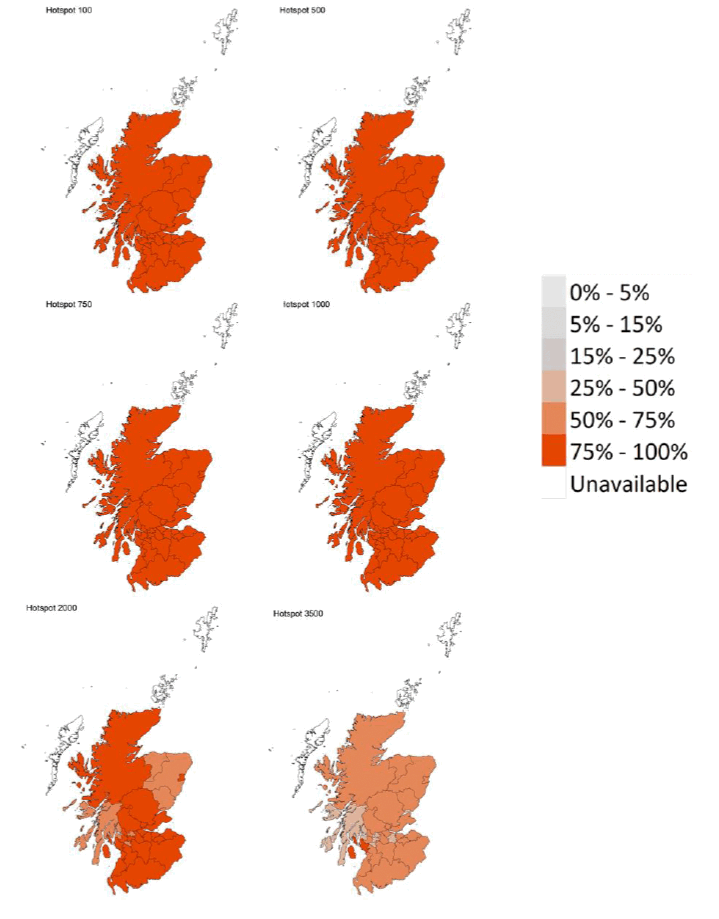 A series of maps showing the probability of local authority areas exceeding thresholds of cases per 100K (27th March to 2nd April 2022).