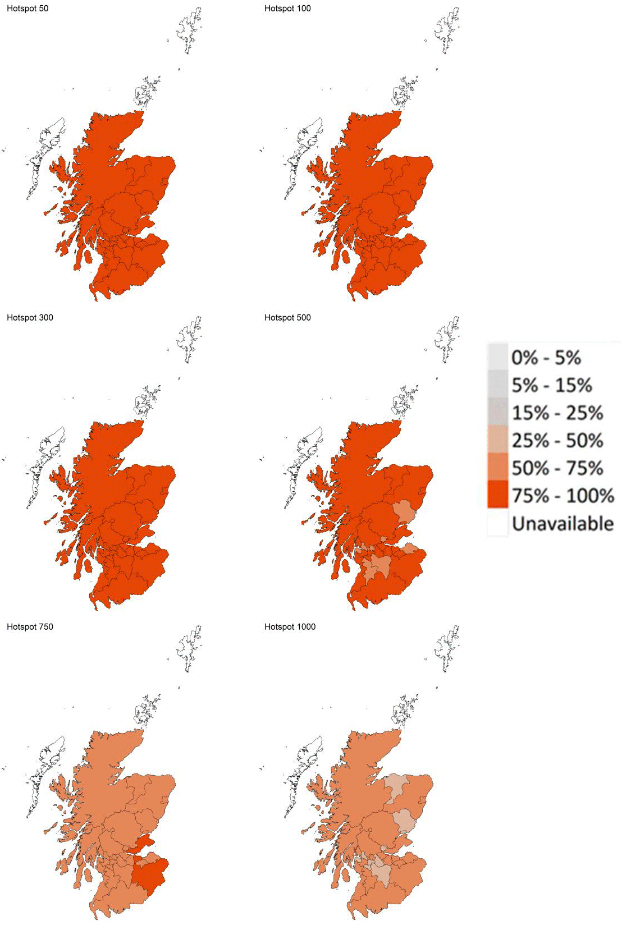 A series of maps showing the probability of local authority areas exceeding thresholds of cases per 100K (10th to 16th April 2022).