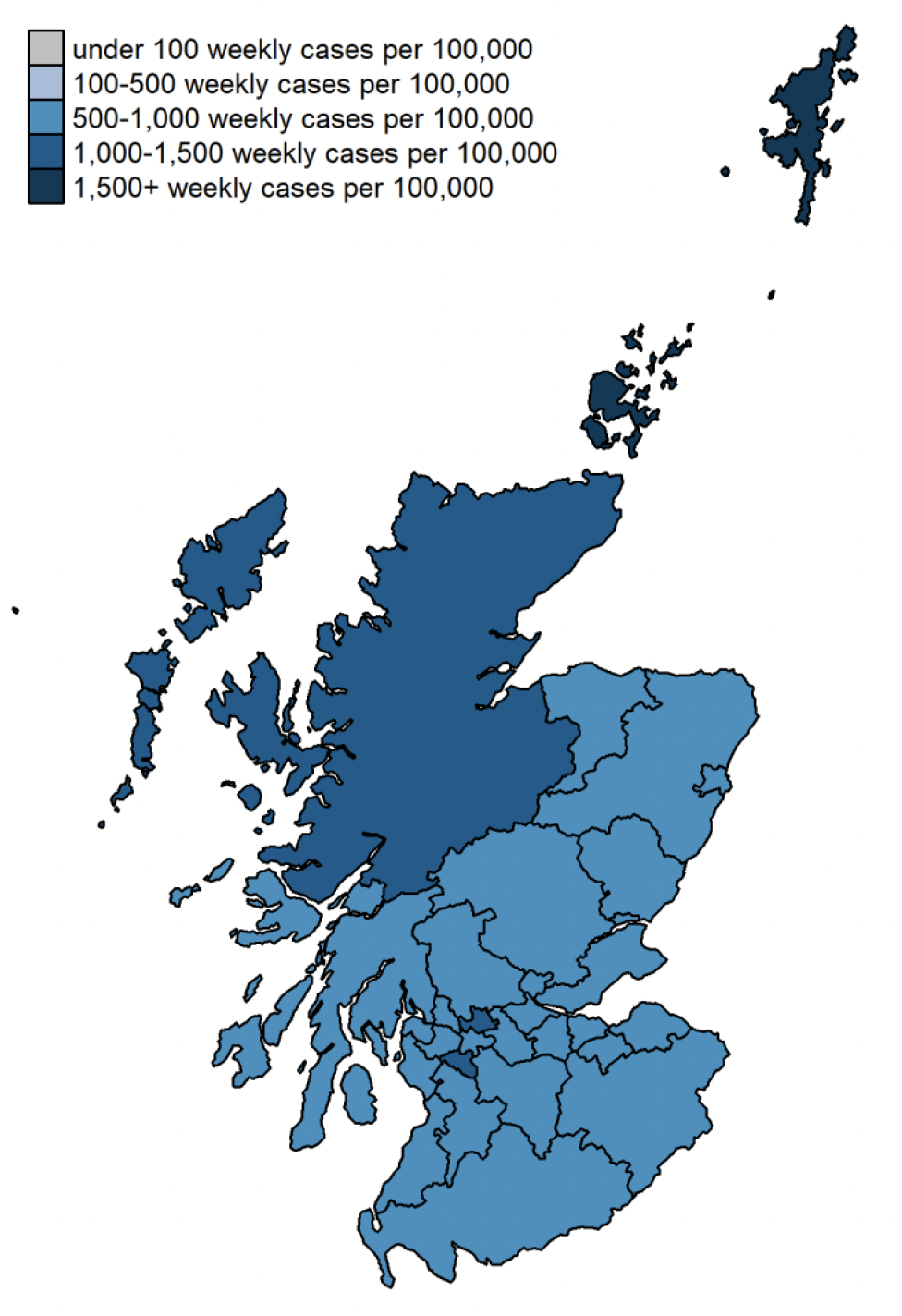 one colour coded map showing positive LFD and PCR weekly cases per 100,000 people by specimen date in each local authority in Scotland on 26 February 2022. The map ranges from grey for under 100 weekly cases per 100,000, through very light blue for 100-500, blue for 500-1,000, darker blue for 1,000-1,500, and very dark blue for over 1,500 weekly cases per 100,000 people.