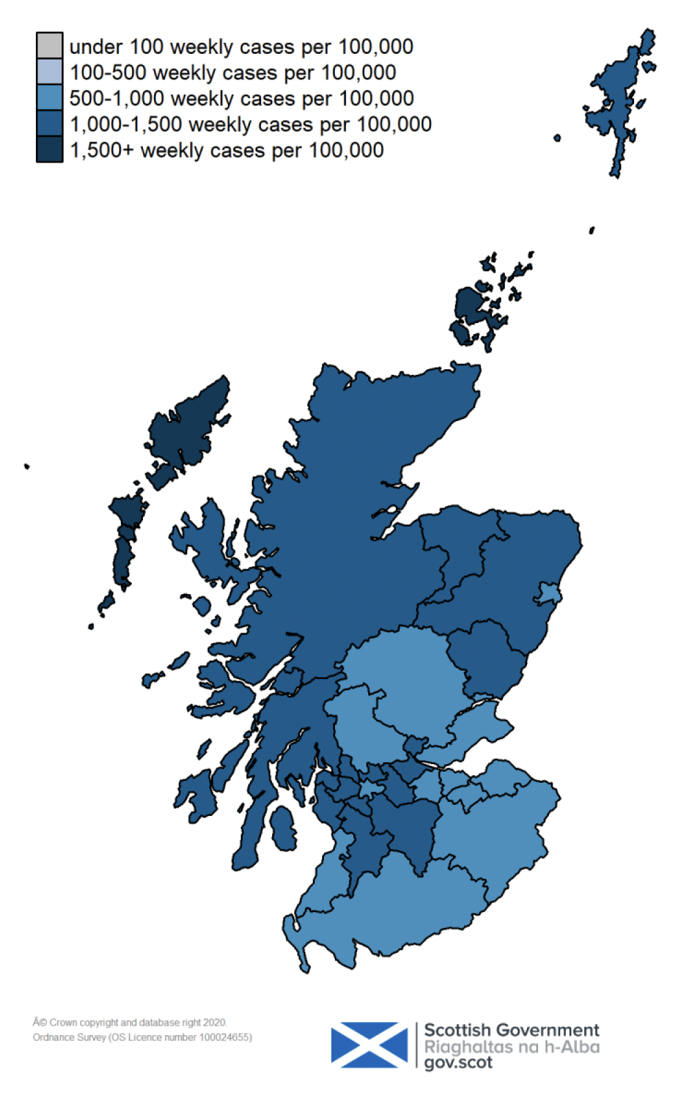 one colour coded map showing positive LFD and PCR weekly cases per 100,000 people by specimen date in each local authority in Scotland on 5 March 2022. The map ranges from grey for under 100 weekly cases per 100,000, through very light blue for 100-500, blue for 500-1,000, darker blue for 1,000-1,500, and very dark blue for over 1,500 weekly cases per 100,000 people.