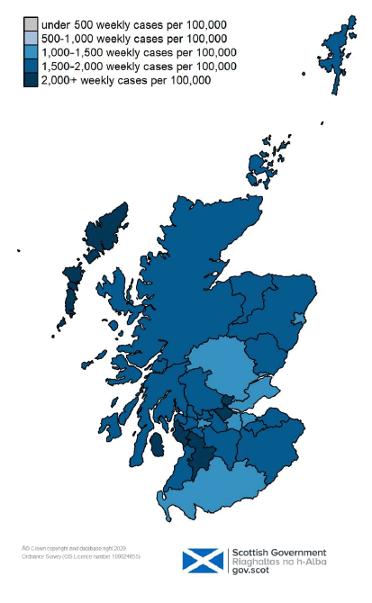 one colour coded map showing positive LFD and PCR weekly cases per 100,000 people by specimen date in each local authority in Scotland on 12 March 2022. The map ranges from grey for under 500 weekly cases per 100,000, through very light blue for 500-1,000, blue for 1,000-1,500, darker blue for 1,500-2,000, and very dark blue for over 2,000 weekly cases per 100,000 people.