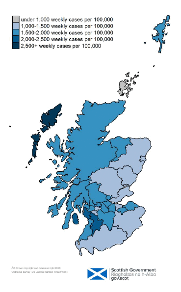 one colour coded map showing positive LFD and PCR weekly cases per 100,000 people by specimen date in each local authority in Scotland on 20 March 2022. The map ranges from grey for under 1,000 weekly cases per 100,000, through very light blue for 1,000-1,500, blue for 1,500-2,000, darker blue for 2,000-2,500, and very dark blue for over 2,500 weekly cases per 100,000 people.