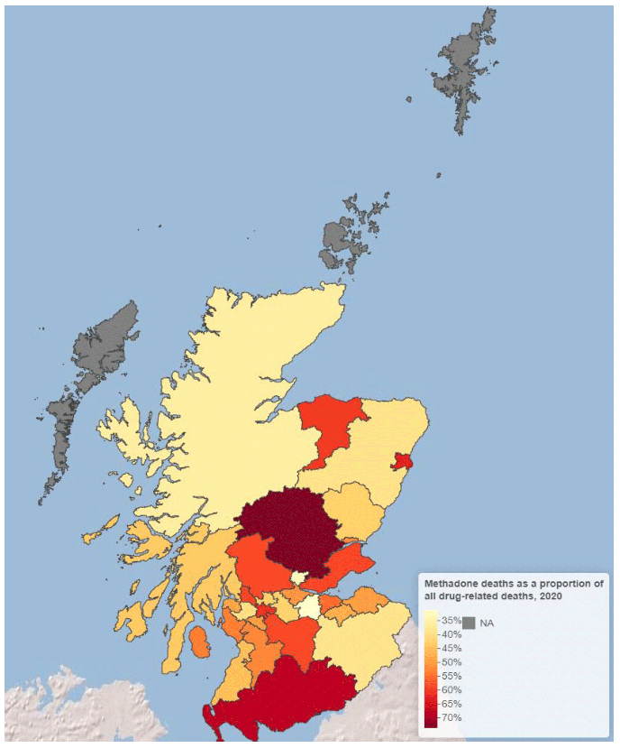 Heat map of scotland. Darkest areas, indicating highest propoertion of methadone-implicated deaths relative to DRDs, are Peth and Kinross and Dumfries and Galloway. Second darkest areas include Moray, Stirling, Fife, Aberdeen City, West Dunbartonshire, Glasgow City, South Lanarkshire. The lighest areas belong to Clackmannanshire and West Lothian, followed by Highland.