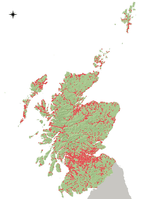Map showing the locations of 9,275 wildfires incidents, filtered from the IRS dataset. Around 85% of identified wildfires (8,271 fire incidents) were located outside settlement boundaries.