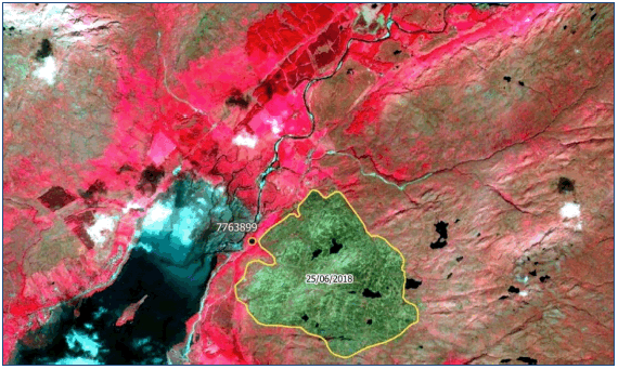 Figure shows a burn scar (in colour infrared) that was identified and delineated using Sentinel-2 satellite imagery close to Strathcarron, Highland LA. Black dot is the location of the wildfire that corresponds to this particular burnt area, while the dot’s label gives the wildfire incident’s ID recorded in the IRS and the polygon’s label gives the date the satellite imagery was taken.