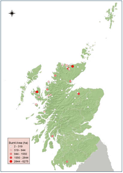 Map showing the locations of 71 burnt area polygons that have been delineated from satellite imagery. Graduated dot size is based on the size of the calculated burnt area. White lines indicate local authority boundaries. Most burnt area polygons were located in the Highlands Local Authority, and these included most of the bigger wildfires found in the dataset.
