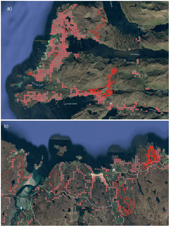 Map showing predicted fire locations (with a probability of ignition >0.6) in a) the area around Loch Morar and b) area around Strathnaver, both in the Highland LA. Red dots represent the centroids of 250m grid cells. Polygons with a red outline are burnt area polygons mapped using satellite imagery. Fire locations predicted from the ignition risk modelling are shown to be in close proximity to or overlapping actual burnt areas.