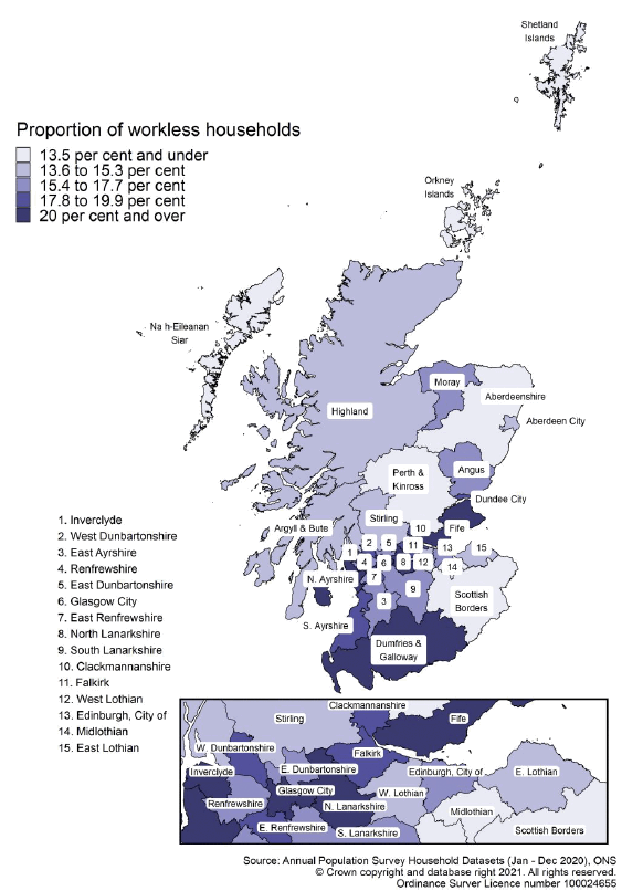 Heat map of Proportion of Workless Households by Scottish Local Authority Areas, 2020