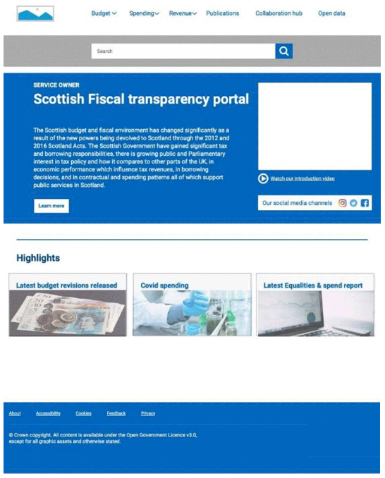 Diagram showing possible highlights page in a Scottish fiscal transparency portal