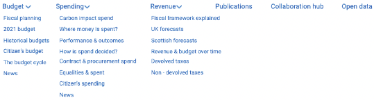 Diagram showing possible home page for a Scottish fiscal transparency portal