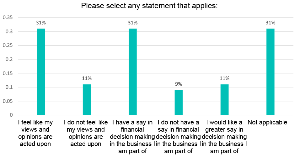 Before the course, 31% of respondents felt like their views and opinions were acted on, whilst 11%. 31% felt that they have a say in financial decision making in the business they were part of, whilst 9% did not. 11% of respondents stated that they ‘would like a greater say in decision making in the business’ whilst 31% selected ‘Not applicable’.