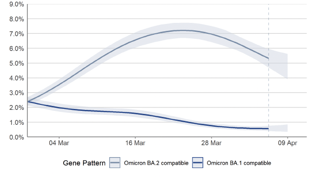 a line chart showing the modelled percentage of positive infections compatible with the Omicron BA.1 variant and Omicron BA.2 variant, based on nose and throat swabs, daily, in Scotland, from 27 February to 9 April 2022, including 95% credible intervals. In Scotland, the percentage of people with infections compatible with Omicron BA.2 decreased in the most recent week. The percentage of people with infections compatible with Omicron BA.1 decreased in the most recent week.