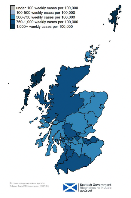 one colour coded map showing positive LFD and PCR weekly cases per 100,000 people by specimen date in each local authority in Scotland on 9 April 2022. The map ranges from grey for under 100 weekly cases per 100,000, through very light blue for 100-500, blue for 500-750, darker blue for 750-1,000, and very dark blue for over 1,000 weekly cases per 100,000 people.