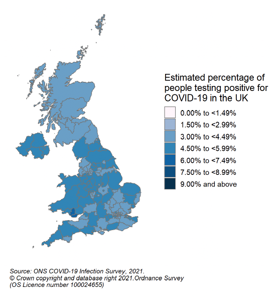 A colour coded map of the UK shows the modelled estimates of the percentage of the private residential population testing positive for COVID-19, by COVID-19 Infection Survey sub-regions. In Scotland, these sub-regions are comprised of Health Boards. The regions are: 123 - NHS Grampian, NHS Highland, NHS Orkney, NHS Shetland and NHS Western Isles, 124 - NHS Fife, NHS Forth Valley and NHS Tayside, 125 - NHS Greater Glasgow & Clyde, 126 - NHS Lothian, 127 - NHS Lanarkshire, 128 - NHS Ayrshire & Arran, NHS Borders and NHS Dumfries & Galloway.