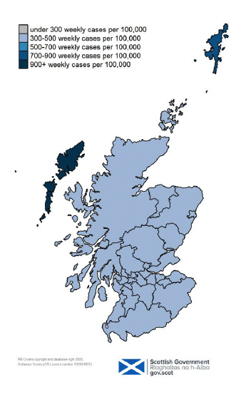 one colour coded map showing positive LFD and PCR weekly cases per 100,000 people by specimen date in each local authority in Scotland on 24 April 2022. The map ranges from grey for under 300 weekly cases per 100,000, through very light blue for 300-500, blue for 500-700, darker blue for 700-900, and very dark blue for over 900 weekly cases per 100,000 people.