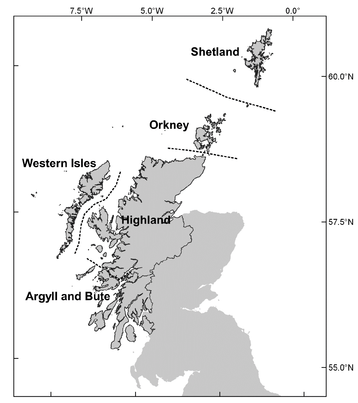 A map showing the regional categorisations of Scottish finfish farms according to local authority area. The labelled areas on the map are Argyll and Bute, Highland, Orkney, Shetland, and Western Isles.