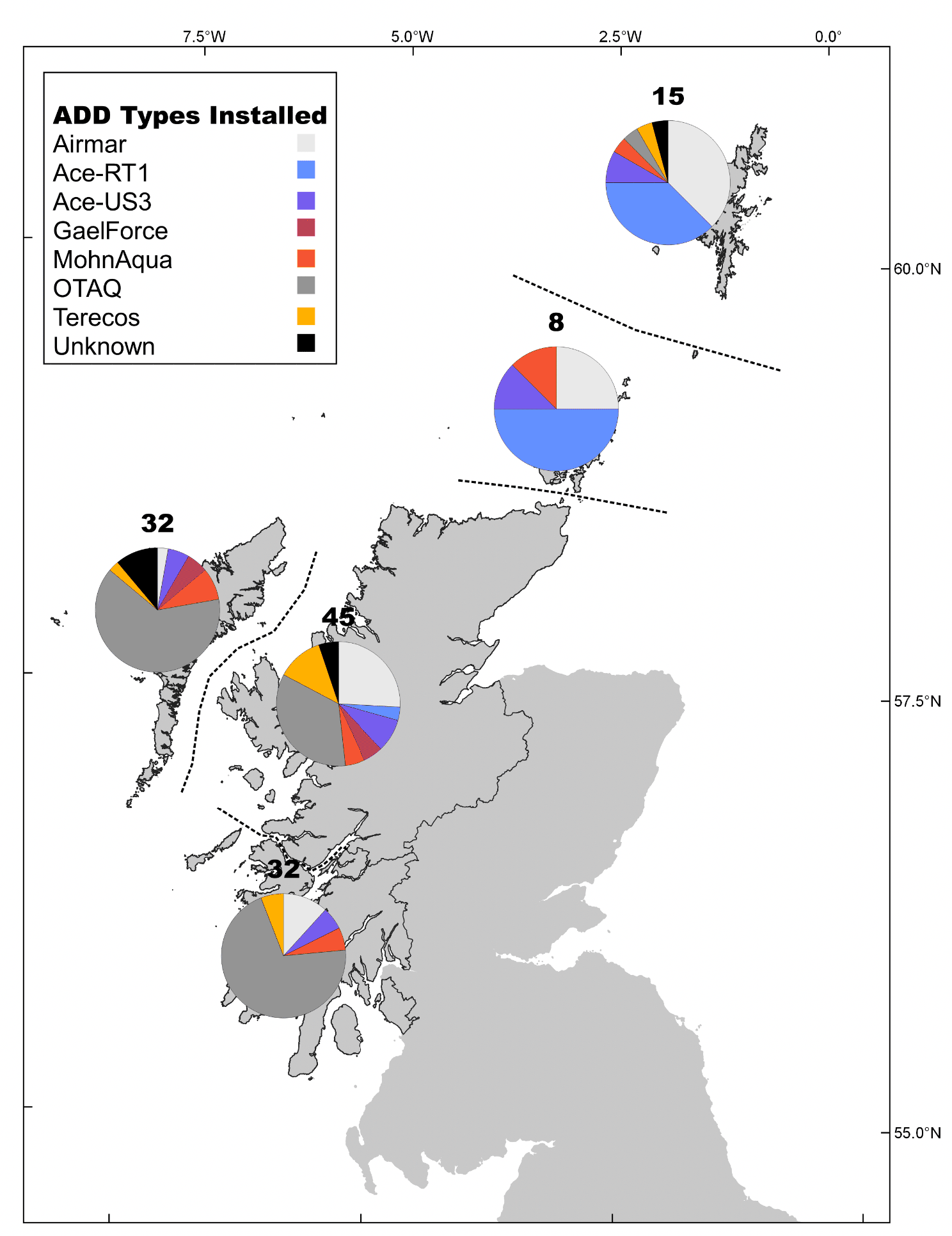 A map showing the regional differences in the proportional use of ADD types in winter 2019-2020. Figures for the ADD types used are available in Table 3.