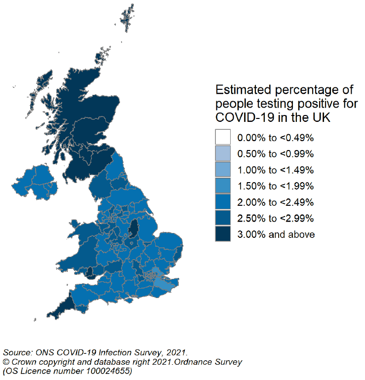 A colour coded map of the UK shows the modelled estimates of the private residential population within each CIS sub-region who would have tested positive for COVID-19 in the week 1 May to 7 May 2022. The map ranges from light blue for 1.50% to 1.99%, blue for 2.00%-2.49%, darker blue for 2.50% to 2.99%, and very dark blue for 3.00% estimated positivity and over. Scotland CIS sub-regions are marked with very dark blue (3.00% and over positivity).