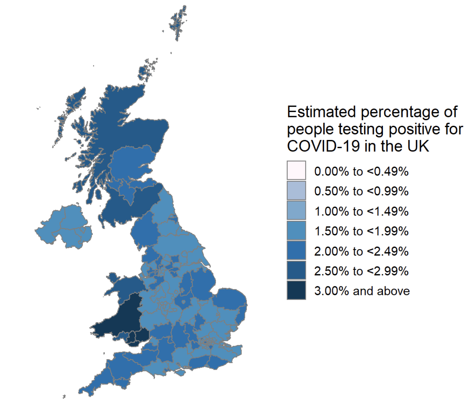A colour coded map of the UK showing modelled estimates of the percentage of people living in private households within each CIS sub-region who would have tested positive for COVID-19 in the week 7 to 13 May 2022. The map ranges from light blue for 1.50% to 1.99%, blue for 2.00% to 2.49%, darker blue for 2.50% to 2.99%, and very dark blue for 3.00% estimated positivity and over. Scotland CIS sub-regions are marked with blue (2.00% to 2.49%) and darker blue (2.50% to 2.99% positivity).