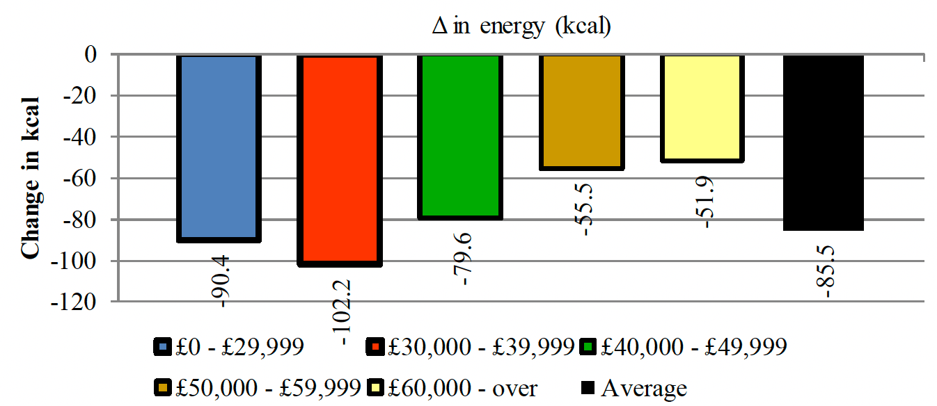 Shows a net decrease in energy in all the income groups when promotions for biscuit products are eliminated