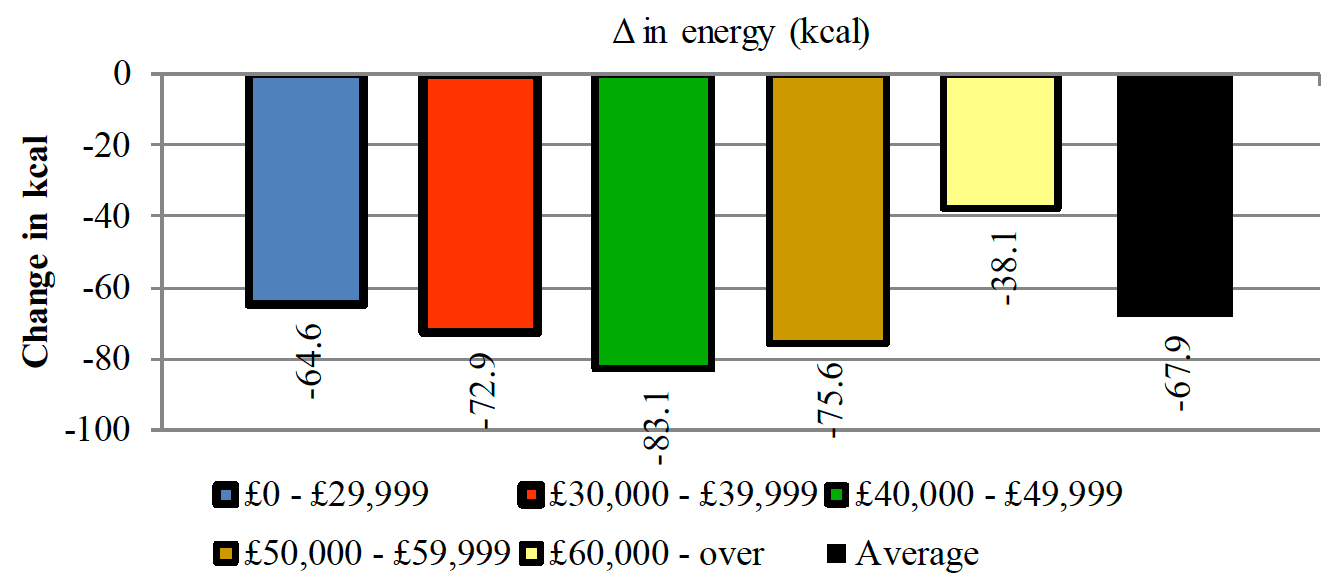Shows a net decrease in energy in all the income groups when promotions for edible ices and ice cream products are eliminated