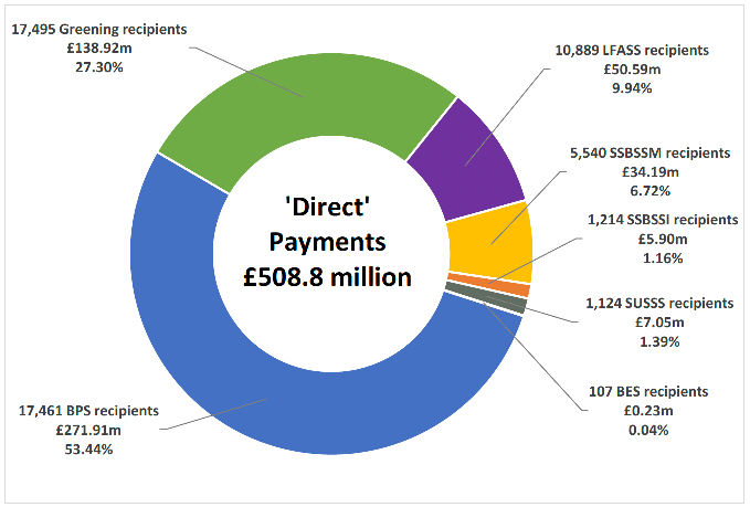 doughnut pie chart showing the breakdown of direct support by individual schemes in Scotland in 2019. The total of all Direct support schemes was £508.79m to 17,850 BRNs. The individual segments of the pie chart include : BPS £271.91m, 17,461 recipients, 53% of total budget; Greening, £138.92m, 17,495 recipients 27% of total budget; LFASS, £50.59m, 10,889 recipients, 10% of total budget; SSBSSM, £34.19m, 5,540 recipients,7% of total budget; SSBSSI, £5.90m, 1,214 recipients, 1% of total budget; SUSSS, £7.05m, 1,124 recipients, 1% of total budget; BES, £0.23m, 107 BES recipients, less than 0.5% of total budget;