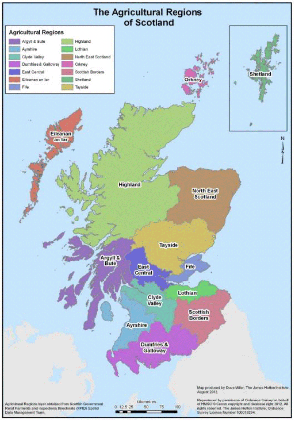 map of Scotland showing the boundaries of the Scottish Government’s Rural Payments and Inspectorate Division.  The regions are coloured differently and are also named on the map