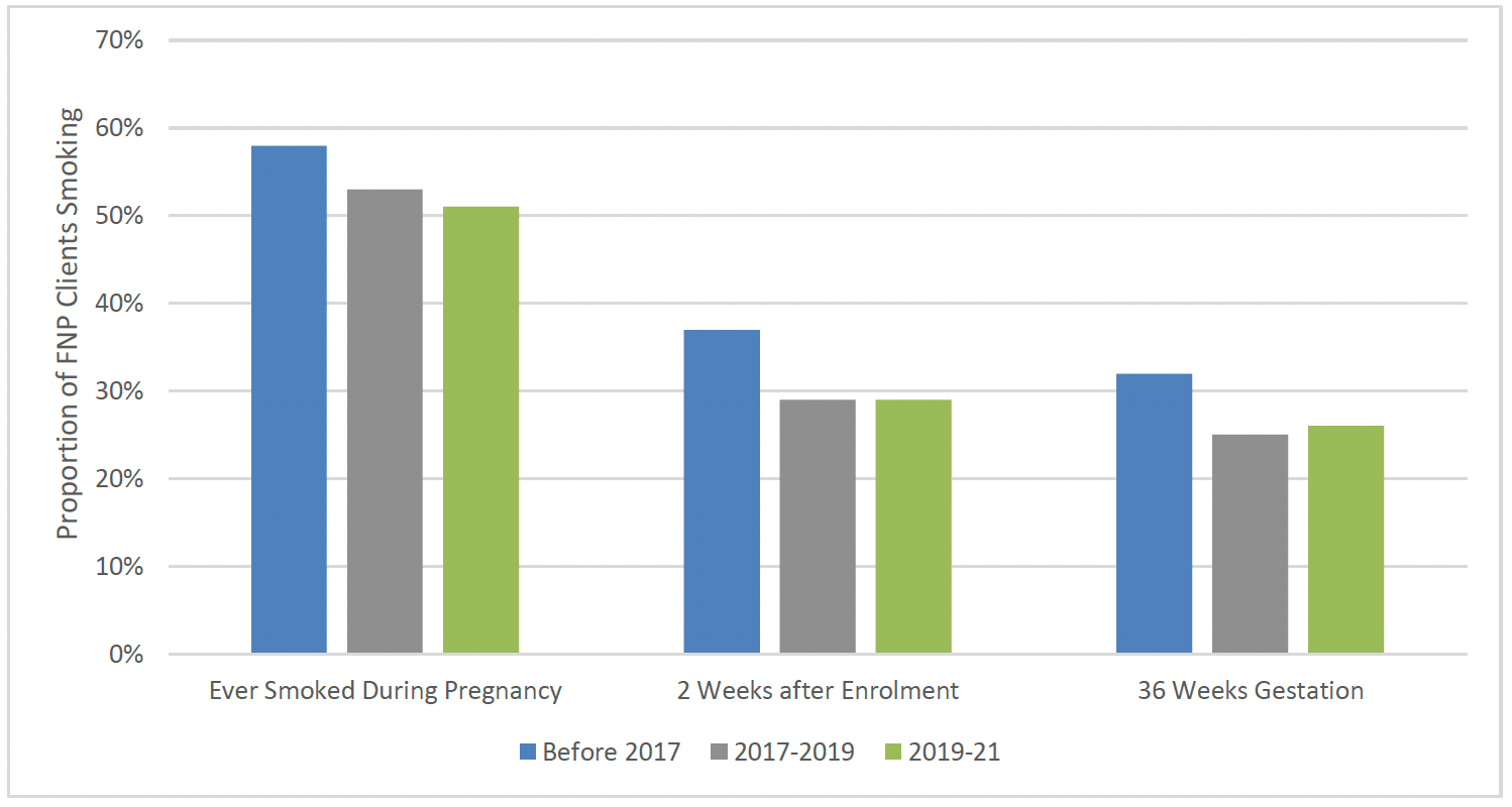 Chart 18 is a bar chart showing the proportion of FNP clients who ever smoked during pregnancy, smoked 2 weeks after enrolment and smoked at 36 weeks gestation, over time. There was a reduction in the proportion smoking at each time-point from 2017 onwards.