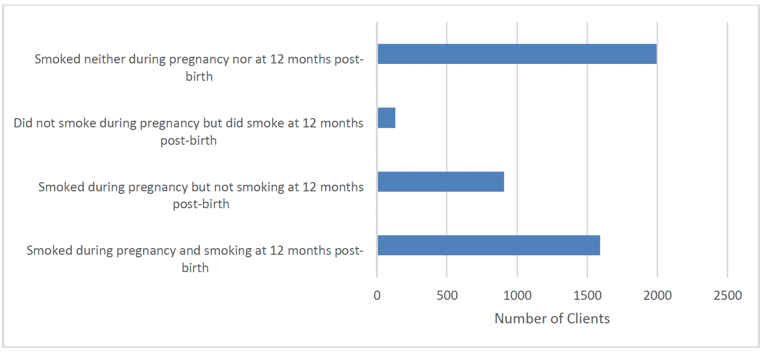 Chart 19 is a bar chart showing the number of clients who smoked during pregnancy and a 12 months post-birth. This shows that while over 1500 clients who smoked during pregnancy also smoked at 12 months post-birth, just under 1000 clients who smoked during pregnancy did not smoke at 12 months post-birth. There was a small group of 130 clients who did not smoke during pregnancy but did smoke at 12 months post-birth and almost 2000 clients smoked at neither time-point.