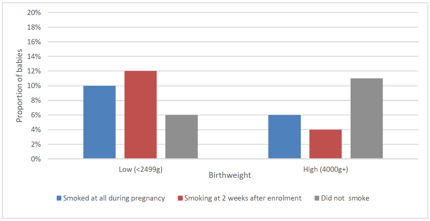 Chart 29 is a bar chart showing the proportion of babies with high and low birthweight by mother's smoking status. There was a higher proportion of babies whose mothers had smoked at all during pregnancy and at 2 weeks after enrolment who had a low birthweight.