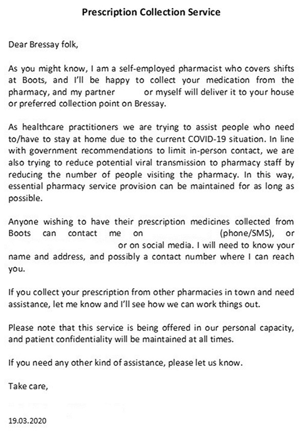 A picture of a letter to the people on Bressay which is used as an example of Curious Pilgrim’s advertising of the prescription collection service. The advert for the prescription service explained that a self-employed pharmacist, and their partner, could collect medication from the pharmacy and deliver it people’s homes. 