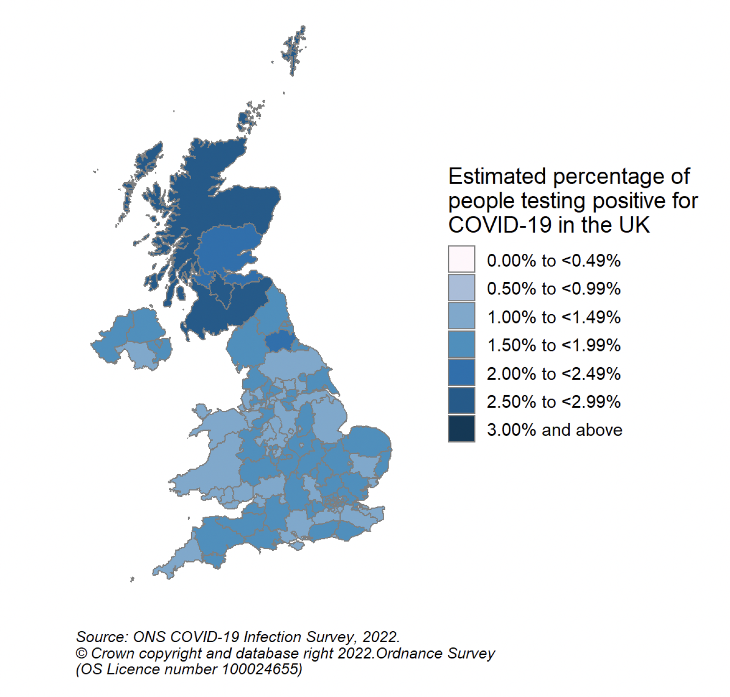 A colour coded map of the UK showing modelled estimates of the percentage of people living in private households within each CIS sub-region who would have tested positive for COVID-19 in the week 27 May to 2 June 2022. The map ranges from very light blue for 0.50% to 0.99%, light blue for 1.50% to 1.99%, blue for 2.00% to 2.49%, darker blue for 2.50% to 2.99%, and very dark blue for 3.00% estimated positivity and over. Scotland CIS sub-regions are marked with blue (2.00% to 2.49%) and darker blue (2.50% to 2.99% positivity).