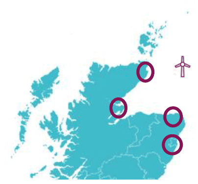 Map of North East Scotland showing the hypothetical wind farm in the Moray Firth and Epicentres at Wick, Cromarty, Wick, Fraserburgh and Aberdeen.