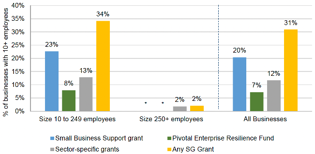 Bar chart showing percentage of firms in Scotland that applied for different Scottish Government grant schemes, by business size band