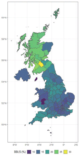 Geography heat map of the proportion of businesses that have taken out Bounce Back Loans by area in the UK