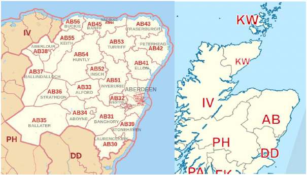 shows two maps side by side. The map on the left shows the Aberdeen postcode area in detail, with districts outlined. The map on the right shows almost the whole of Scotland and the postcode areas of Aberdeen, Kirkwall, Inverness and Dundee.