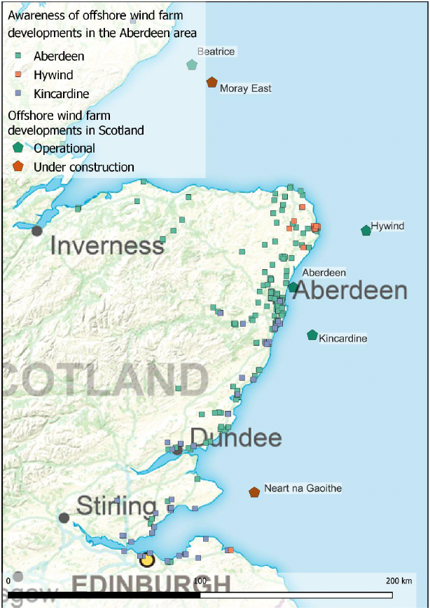shows a map of the east coast of Scotland with those respondents who stated that they were aware of the Aberdeen windfarm indicated with a green square, those who stated that they were aware of Hywind indicated with an orange square and those who stated that they were aware of Kincardine indicated with a purple square. The location of offshore windfarms in Scotland is also indicated with a green dot for those that are operational and an orange dot for those that are under construction. Respondents who were aware of the Aberdeen windfarm are located all along the east coast, with a greater concentration of respondents in or near Aberdeen. 