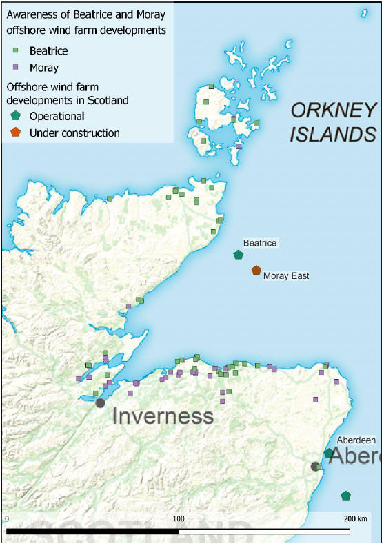 shows a map of the north east coast of Scotland, with those respondents who stated that they were aware of Beatrice windfarms indicated with a green square and those stated that they were aware of Moray windfarm indicated with a purple square. The location of offshore windfarms in Scotland is also indicated with a green dot for those that are operational and an orange dot for those that are under construction.