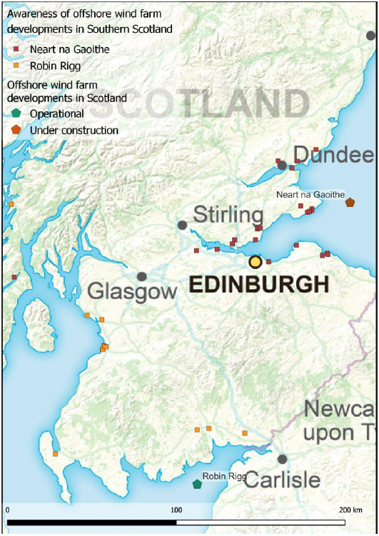 shows a map of southern Scotland with those respondents who stated that they were aware Naert na Gaoithe are indicated with a red square and those who stated that they were aware of Robin Rigg are indicated with a yellow square. The location of offshore windfarms in Scotland is also indicated with a green dot for those that are operational and an orange dot for those that are under construction.