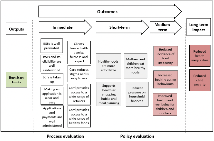 Best Start Foods logic model

Immediate, short-term, and medium-term outcomes associated with the Best Start Foods policy intervention. Also long-term government impacts which Best Start Foods would be expected to contribute towards. Policy outcomes are listed below.