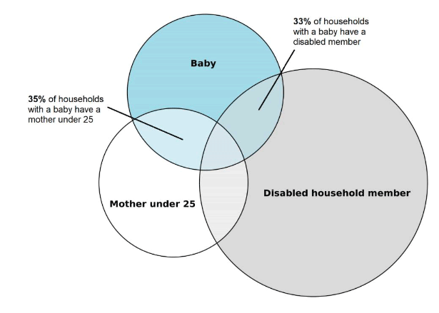 Illustration of the proportion of children in relative poverty in families with a baby who are also in other priority groups (2011-18), 
33% of households with a baby have a dsiabled member. 35% of households with a baby have a mother under 25. 