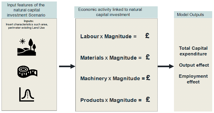 Flow diagram illustrating how different elements of the Input-Output model developed in the research fit together to predict the local economic impacts of natural capital investment.