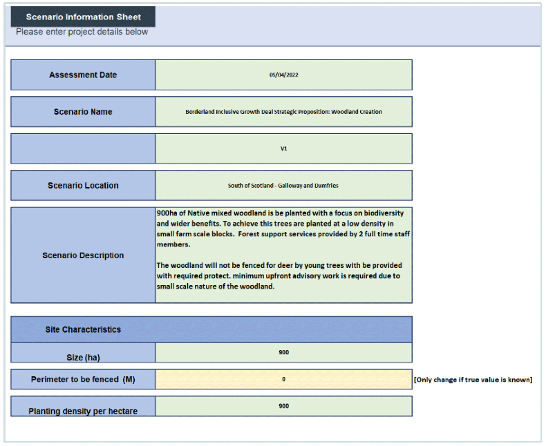 Screen-shot of the Local Economic Impacts of Natural Capital Investment Model scenario information sheet where information about the project is inputted, for example the size in hectares.