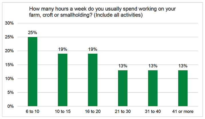Participants spend different amounts of hours a week working on their farm, croft or smallholding: 25% work 6 to 10 hours; 19% work 10 to 15 hours; 19% work 16-20 hours; 13% work 21-30 hours; 13% work 31-40 hours; and 13% work 41 hours or more.