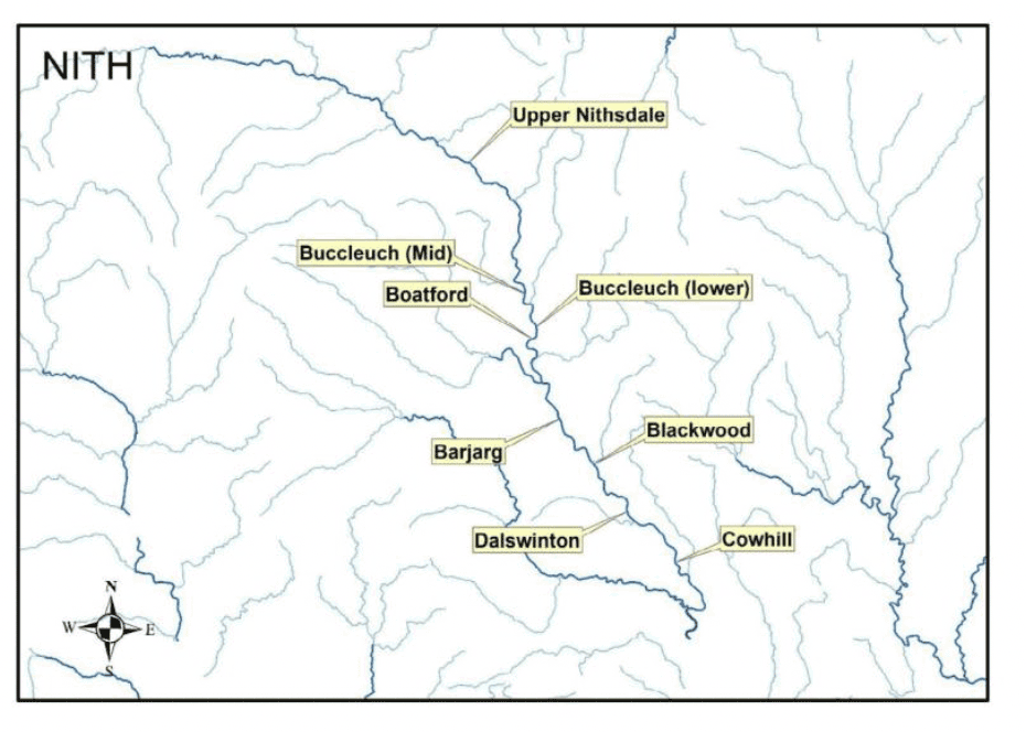 Map of the River Nith showing eight locations where samples were collected for inclusion in the present study.