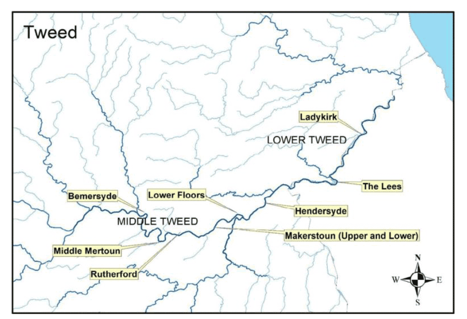 Map of the River Tweed showing eight locations where samples were collected for inclusion in the present study.