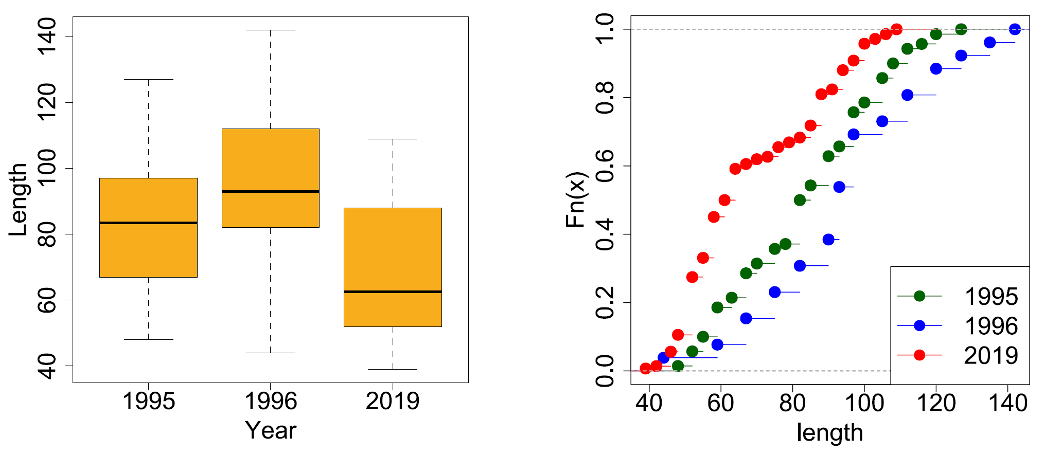 Boxplots for the estimated Salmon lengths from the stomach contents of R. Dee Goosander smolt run sample period 2019 and two other broadly comparable samples (a, left), and plots of empirical Cumulative Distribution Functions (ecdf) for the same data (b, right). Further sample details in Figure 23, note on boxplot presentation in Methods.