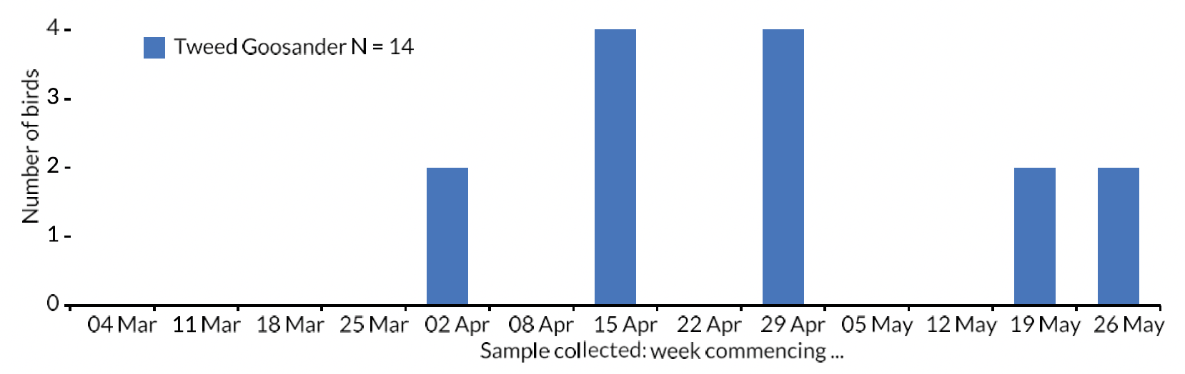 Bar chart of the number of River Tweed Goosanders collected each week during the 2019 smolt run period.