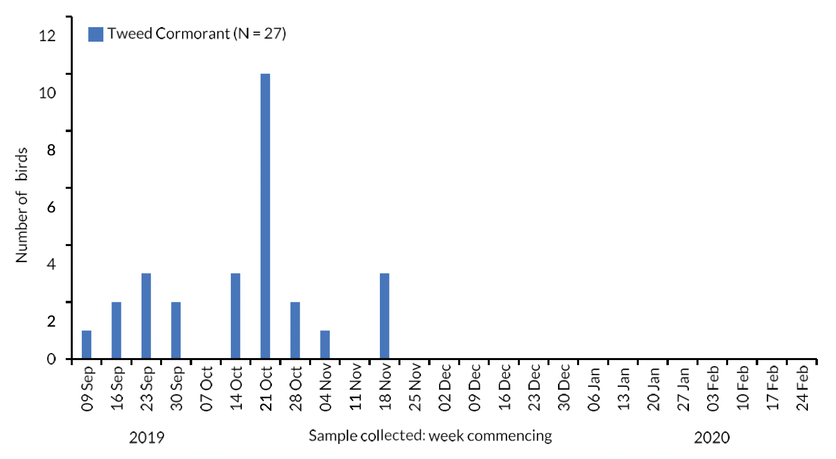 Bar chart of the number of River Tweed Cormorants collected each week during the autumn- winter period 2019/20.